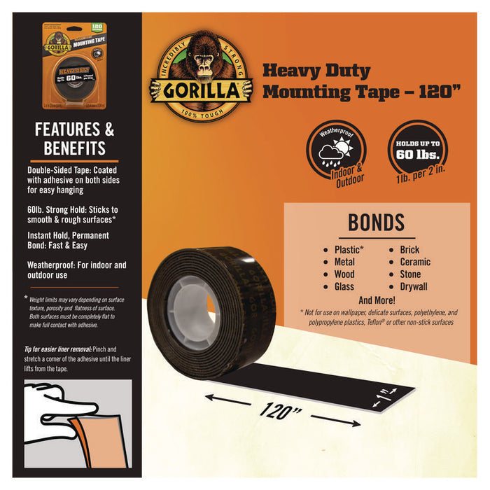 Heavy Duty Mounting Tape, Permanent, Holds Up to 1 lb/2 sq in, 1" x 120", Black