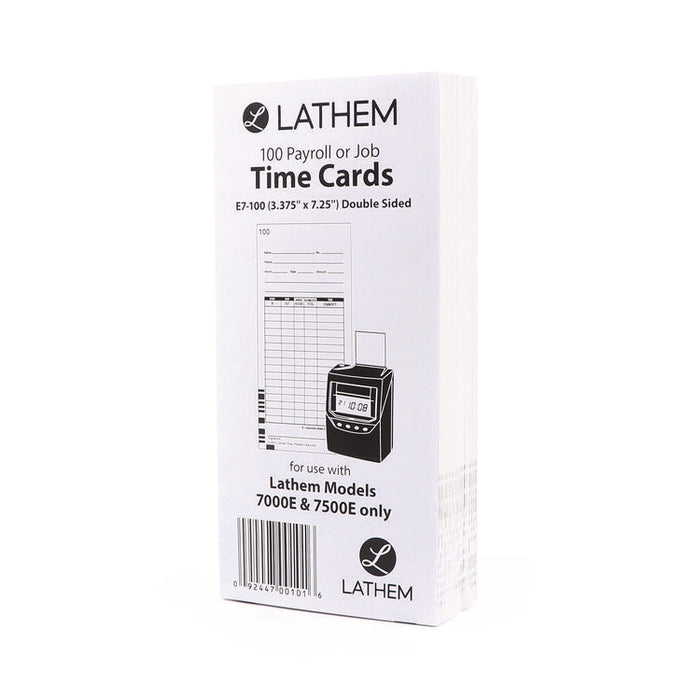 Time Clock Cards for Lathem Time 7000E, Two Sides, 3.5 x 7.25, 100/Pack
