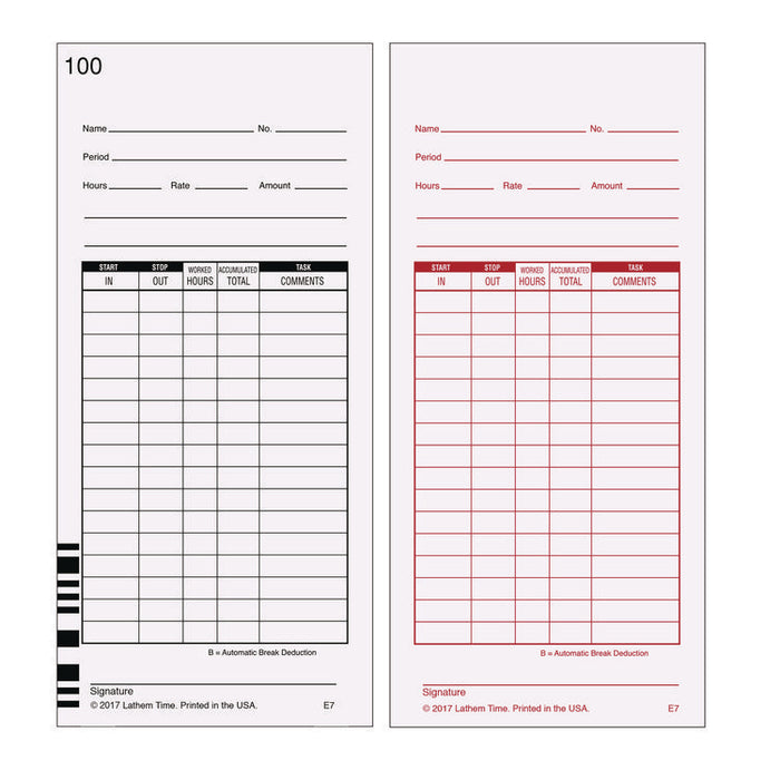 Time Clock Cards for Lathem Time 7000E, Two Sides, 3.5 x 7.25, 100/Pack