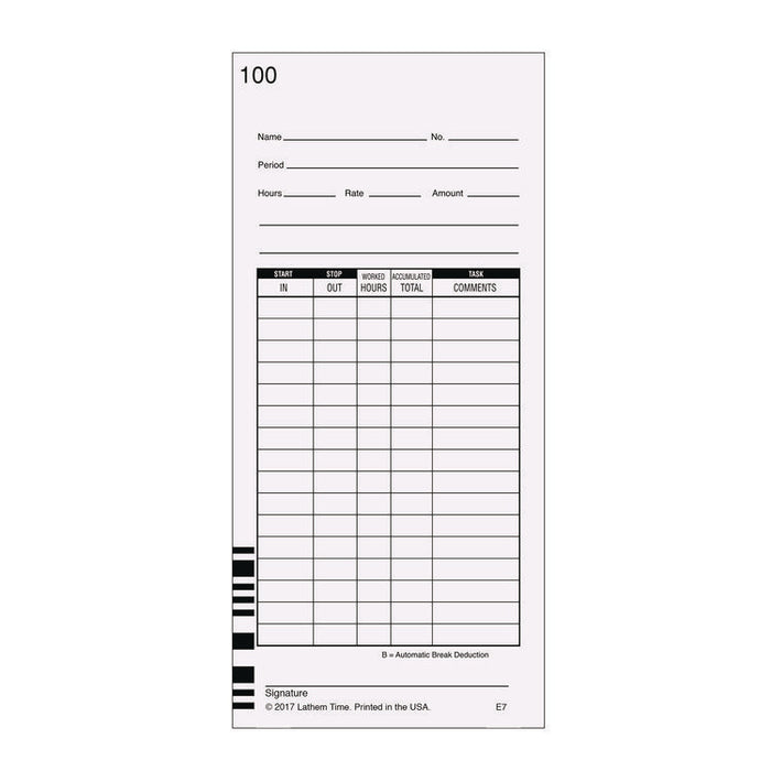 Time Clock Cards for Lathem Time 7000E, Two Sides, 3.5 x 7.25, 100/Pack