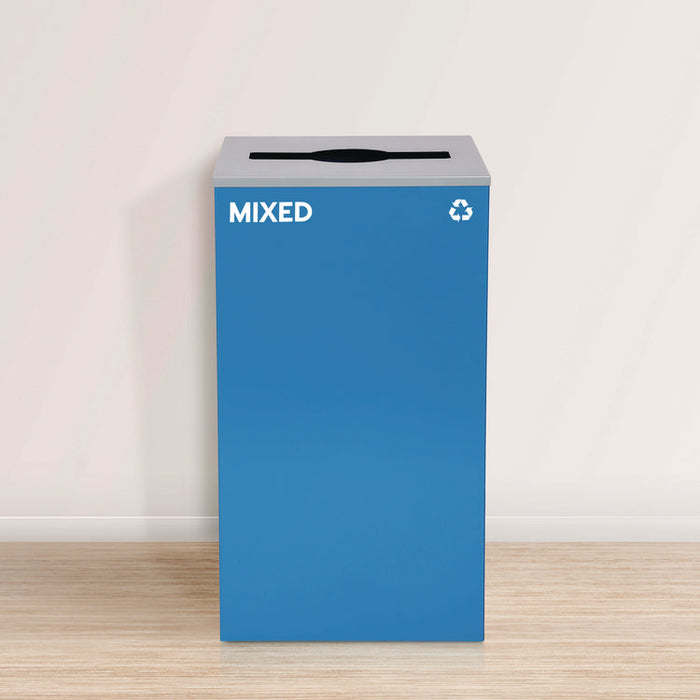 29 Gallon Trash/Recycling Cans, Steel, Blue Mixed Recycling Can w/Mixed Lid, Green Compost and Black Trash Cans w/Square Lids