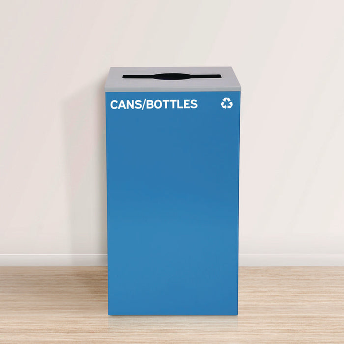 29 Gallon Trash/Recycling Cans, Steel, Blue Cans/Bottles Recycling Can w/Mixed Lid, Green Compost and Black Trash w/Sq Lid