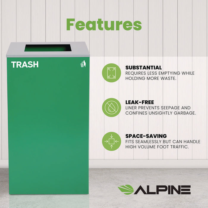 29 Gallon Trash/Recycling Cans, Steel, Green Trash Can with Square Lid