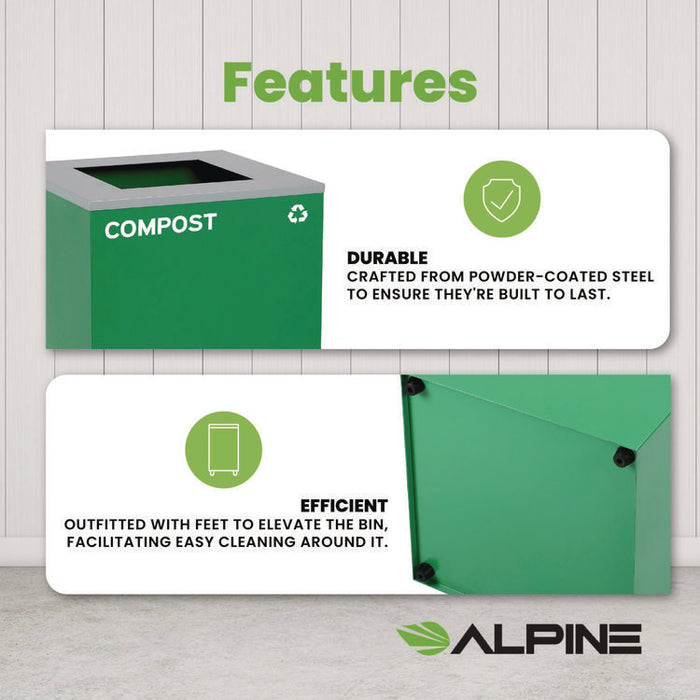 29 Gallon Trash/Recycling Cans, Steel, Green Compost Can with Square Lid