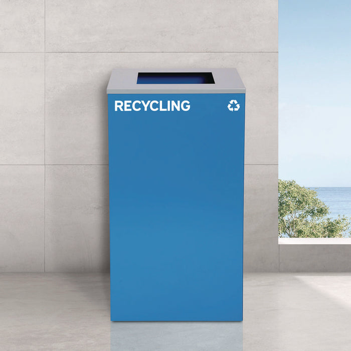29 Gallon Trash/Recycling Cans, Steel, Blue Recycling Can and Black Trash Can w/Sq Lid, Green Recycling Can with Mixed Lid