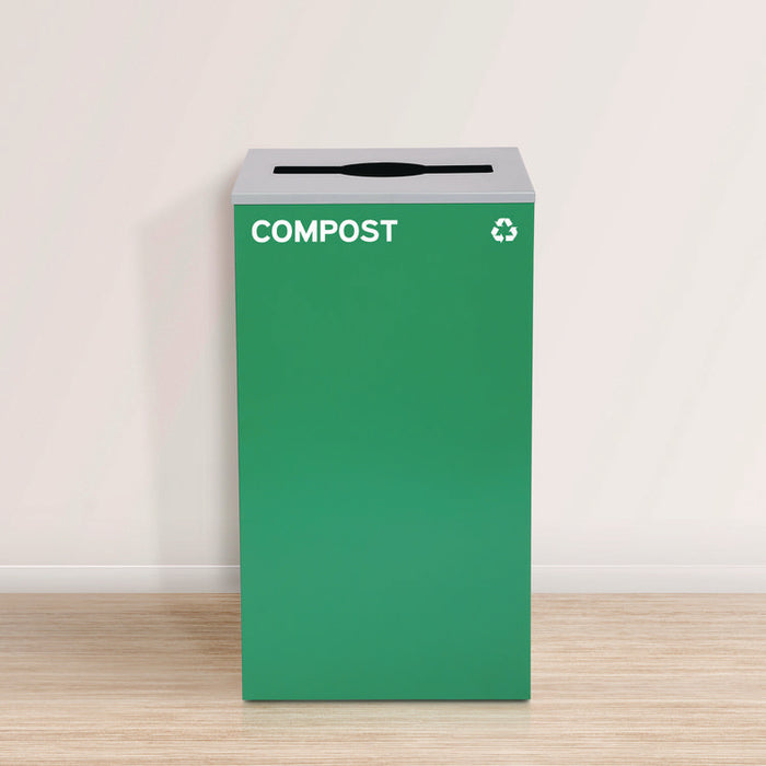 29 Gallon Trash/Recycling Cans, Steel, Blue Mixed Recycling and Black Trash Cans w/Square Lids, Green Compost Can w/Mixed Lid