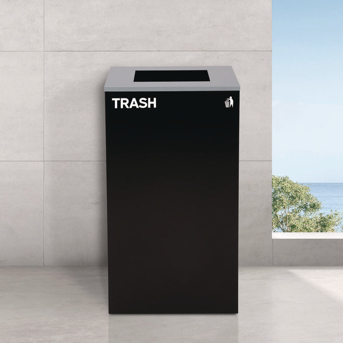 29 Gallon Trash/Recycling Cans, Steel, Blue Mixed Recycling and Green Compost Cans w/Mixed Lids, Black Trash Can w/Square Lid