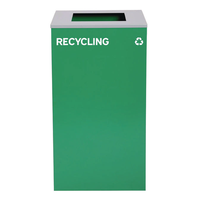29 Gallon Trash/Recycling Cans, Steel, Blue Recycling Can w/Circle Lid, Green Recycling Can and Black Trash Can w/Square Lids