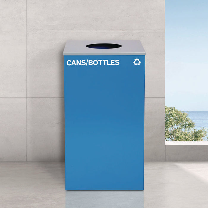 29 Gallon Trash/Recycling Cans, Steel, Blue Cans/Bottles Recycling w/Circle Lid, Green Compost w/Mixed Lid, BK Trash w/Sq Lid