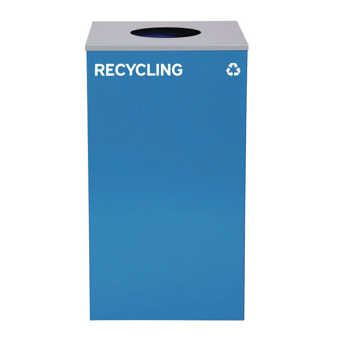 29 Gallon Trash/Recycling Cans, Steel, Blue Recycling Can w/Circle Lid, Green Recycling w/Mixed Lid, Black Trash w/Square Lid