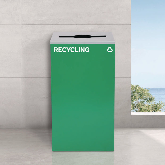 29 Gallon Trash/Recycling Cans, Steel, Blue Recycling Can w/Circle Lid, Green Recycling w/Mixed Lid, Black Trash w/Square Lid