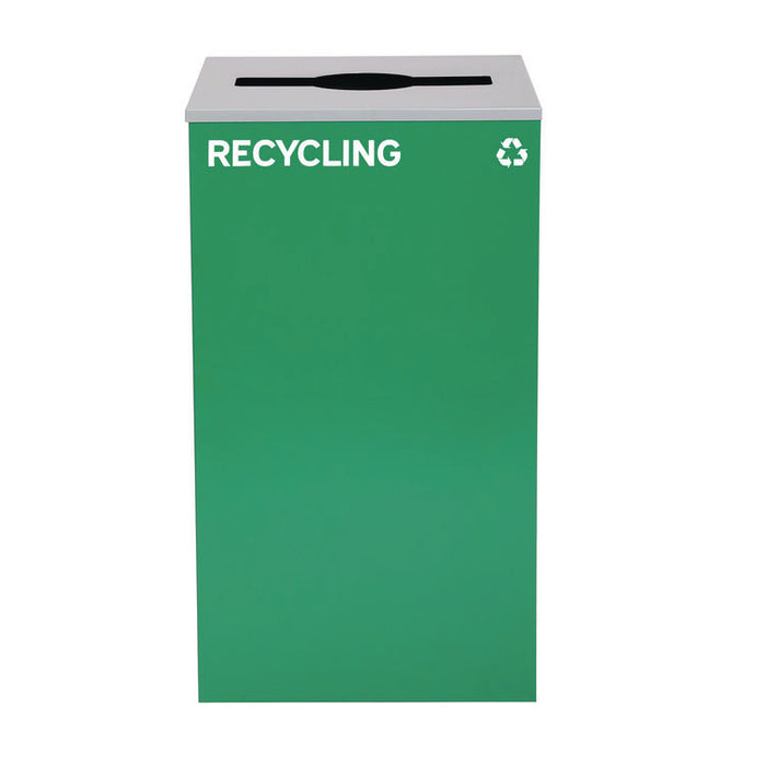 29 Gallon Trash/Recycling Cans, Steel, Blue Recycling Can w/Circle Lid, Green Recycling w/Mixed Lid, Black Trash w/Square Lid