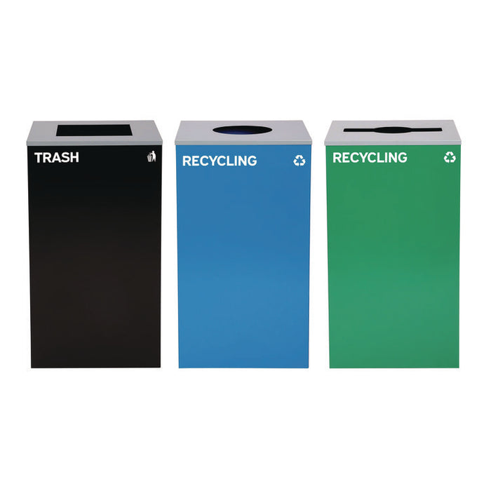 29 Gallon Trash/Recycling Cans, Steel, Blue Recycling Can w/Circle Lid, Green Recycling w/Mixed Lid, Black Trash w/Square Lid