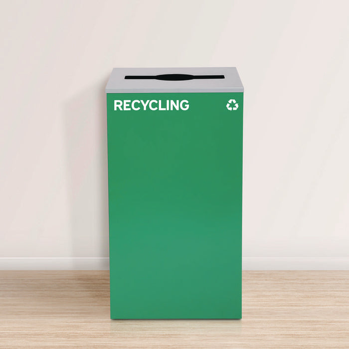29 Gallon Trash/Recycling Cans, Steel, Blue Mixed Recycling w/Circle Lid, Green Recycling w/Mixed Lid, Black Trash w/Sq Lid