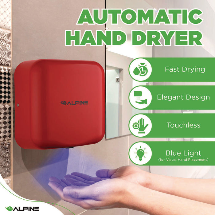Hemlock Commercial Automatic 120V Hand Dryer, 6.68 x 11.41 x 12.31, Red