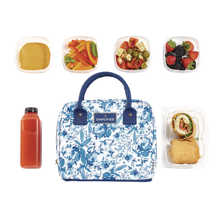 Simplified Lunch Bag with 4 Food Containers, 9 x 6 x 10, Blue Floral
