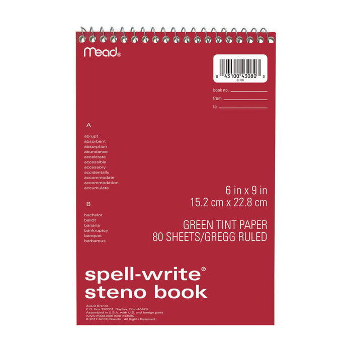 Spell-Write Wirebound Steno Pad, Randomly Assorted Cover Colors, Gregg Rule, (80) Green 6 x 9 Sheets