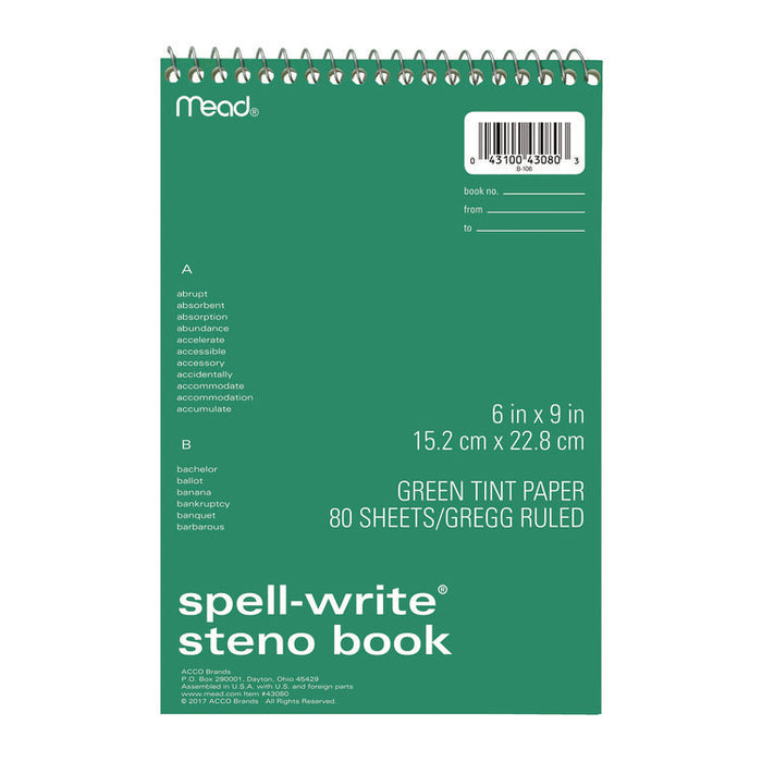 Spell-Write Wirebound Steno Pad, Randomly Assorted Cover Colors, Gregg Rule, (80) Green 6 x 9 Sheets