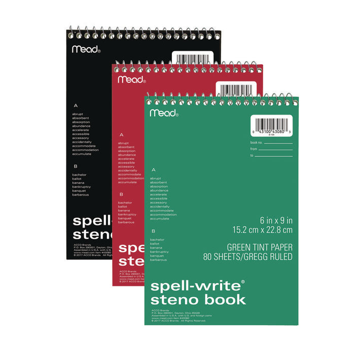 Spell-Write Wirebound Steno Pad, Randomly Assorted Cover Colors, Gregg Rule, (80) Green 6 x 9 Sheets
