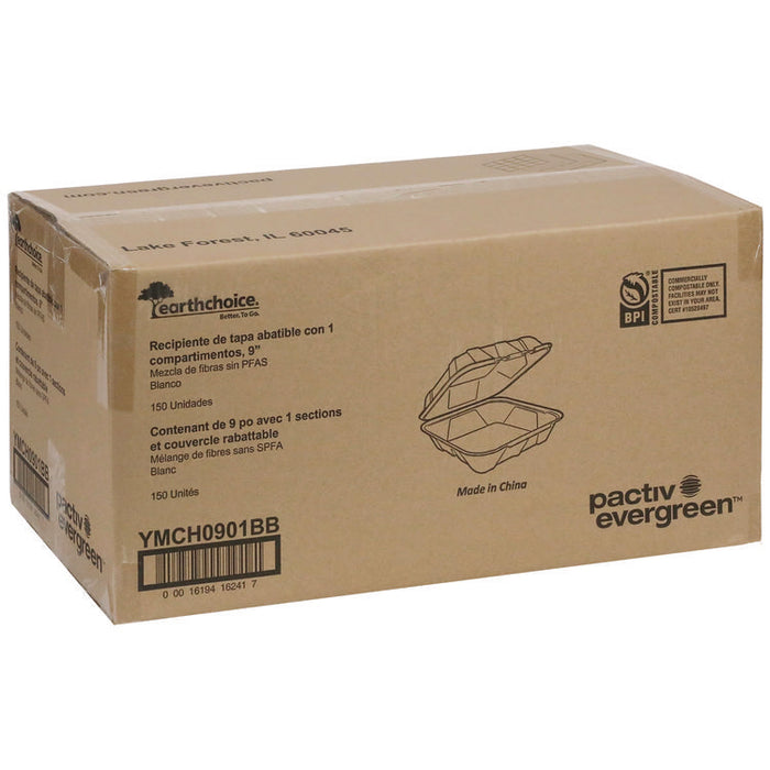 EarthChoice PFAS Free Compostable Hinged Lid Container, 9 x 9 x 3.5, White, Sugarcane, 150/Carton