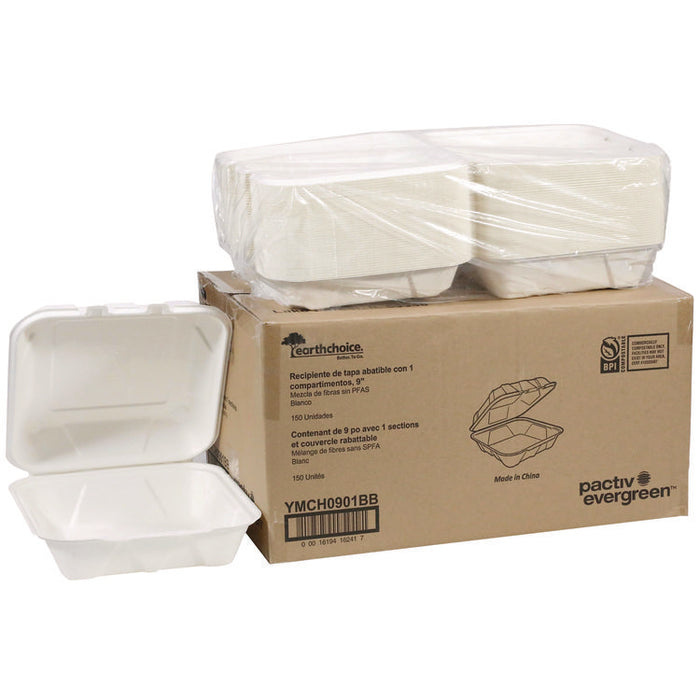 EarthChoice PFAS Free Compostable Hinged Lid Container, 9 x 9 x 3.5, White, Sugarcane, 150/Carton