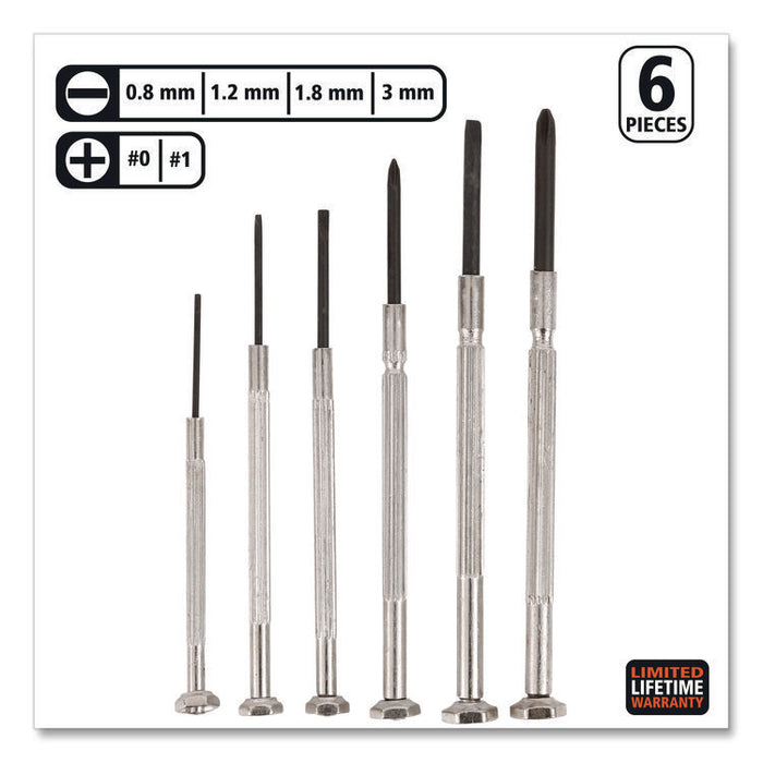 Precision Screwdriver Set, Six-Piece, Phillips/Slotted, Assorted Lengths, Polished Steel Handles