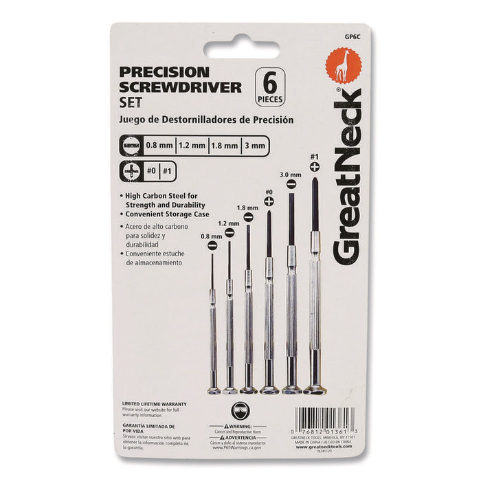 Precision Screwdriver Set, Six-Piece, Phillips/Slotted, Assorted Lengths, Polished Steel Handles