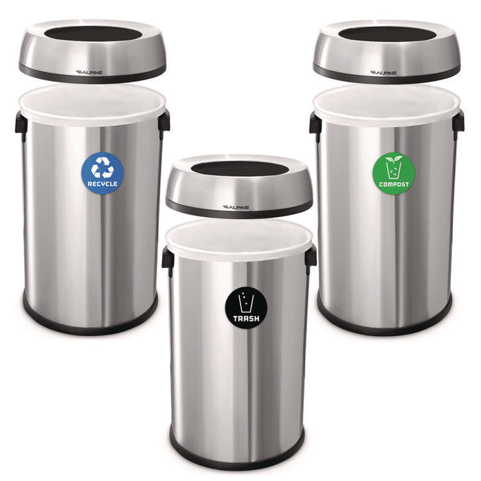 17 Gallon Stainless Steel Open Top Recycling, Trash and Compost Station