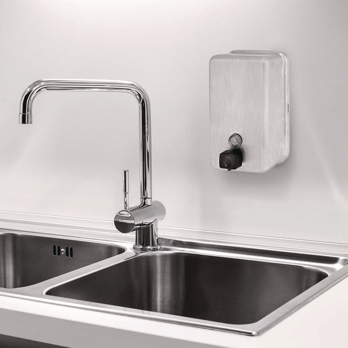 Vertical Manual Surface-Mounted Stainless Steel Liquid Soap Dispenser, 40 oz, 2.8 x 4.8 x 8.1, Brushed Stainless Steel