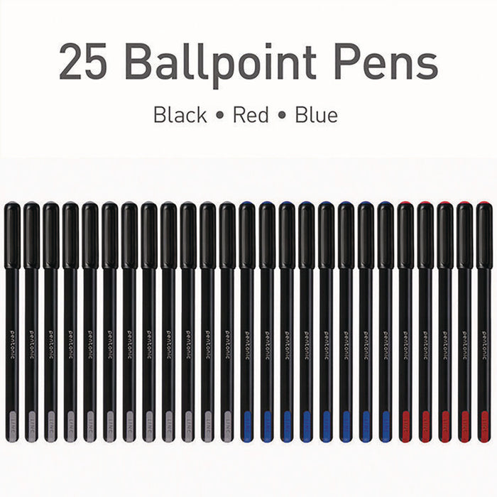 PENTONIC Ballpoint Pen, Stick, Fine 0.7 mm, Assorted Ink Colors, Black Barrel, 25/Pack