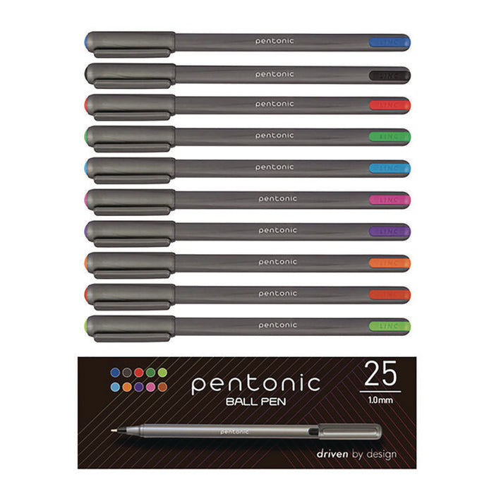 PENTONIC Ballpoint Pen, Stick, Medium 1 mm, Assorted Ink Colors, Charcoal Gray Barrel, 25/Pack