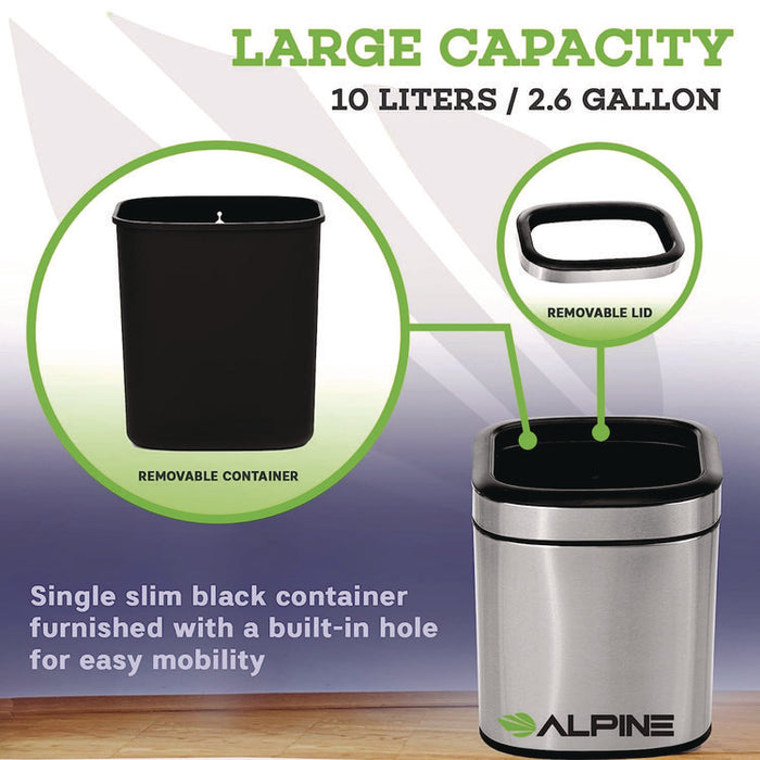 Stainless Steel Rectangular Liner Open Top Trash Can, 2.6 gal, Brushed Stainless Steel