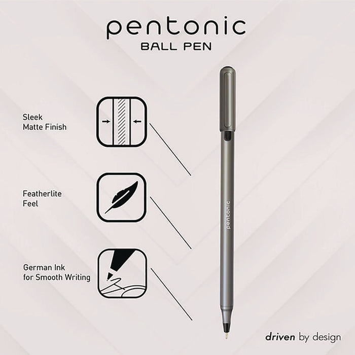 PENTONIC Ballpoint Pen, Stick, Medium 1 mm, Black Ink, Charcoal Gray Barrel, 25/Pack