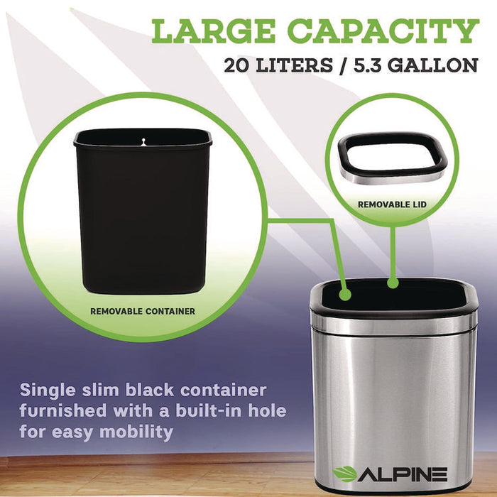 Stainless Steel Rectangular Liner Open Top Trash Can, 5.3 gal, Brushed Stainless Steel