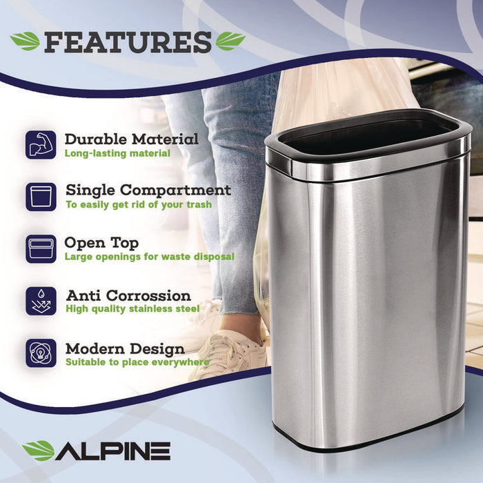 Stainless Steel Rectangular Liner Open Top Trash Can, 10.5 gal, Brushed Stainless Steel