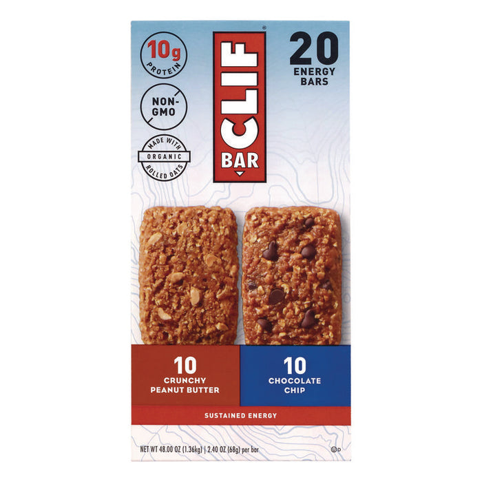 Energy Bar, Variety Pack, Chocolate Chip/Crunchy Peanut Butter, 2.4 oz, 20/Box