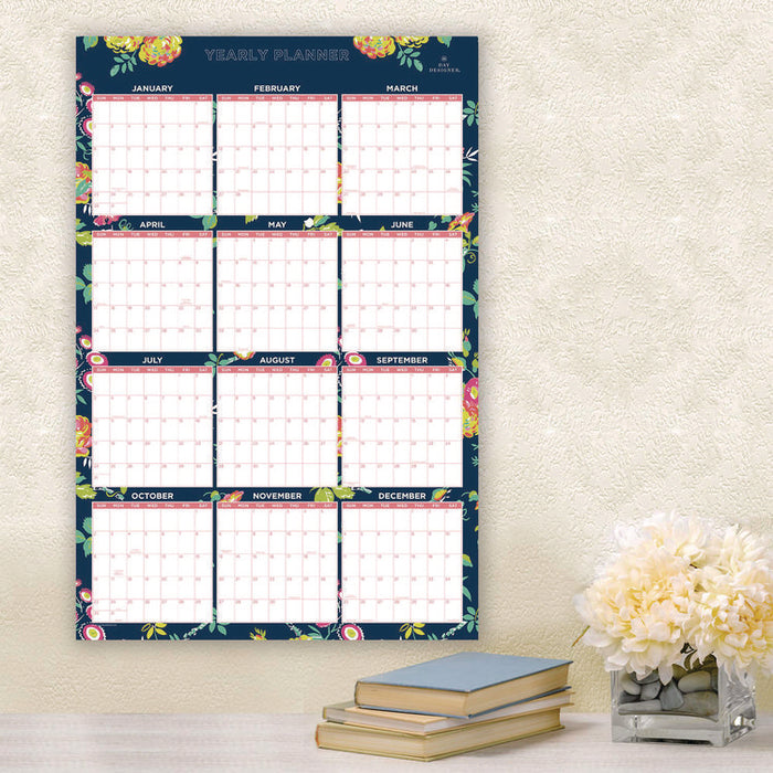 Day Designer Peyton Laminated Erasable Wall Calendar, Floral Artwork, 36 x 24, White/Navy Sheets, 12-Month (Jan to Dec): 2026