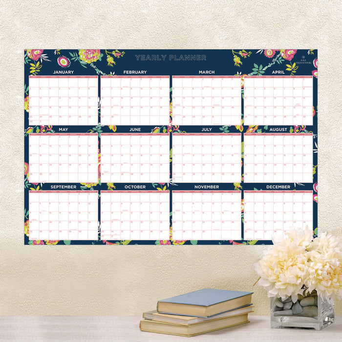 Day Designer Peyton Laminated Erasable Wall Calendar, Floral Artwork, 36 x 24, White/Navy Sheets, 12-Month (Jan to Dec): 2026