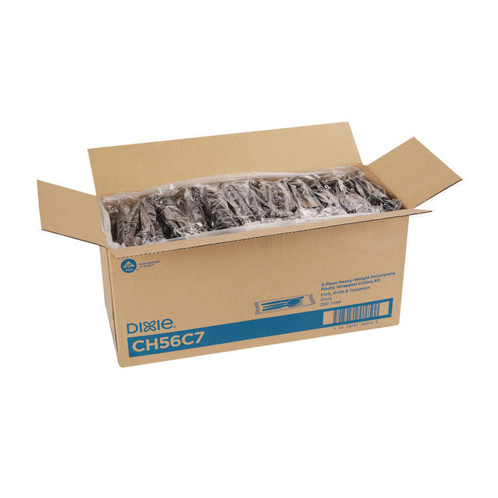 Individually Wrapped Heavyweight Cutlery Set, Fork/Knife/Spoon, Plastic, Black, 250/Carton