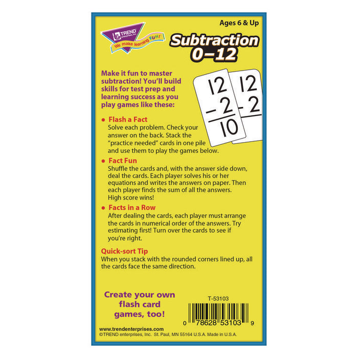 Skill Drill Flash Cards, Subtraction 0 to 12, Grades 1 to 5, 3" x 6", Black and White, 91/Pack