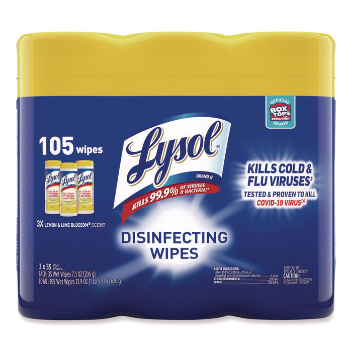 Disinfecting Wipes, 1-Ply, 7 x 7.25, Lemon and Lime Blossom, White, 35 Wipes/Canister, 3 Canisters/Pack, 4 Packs/Carton