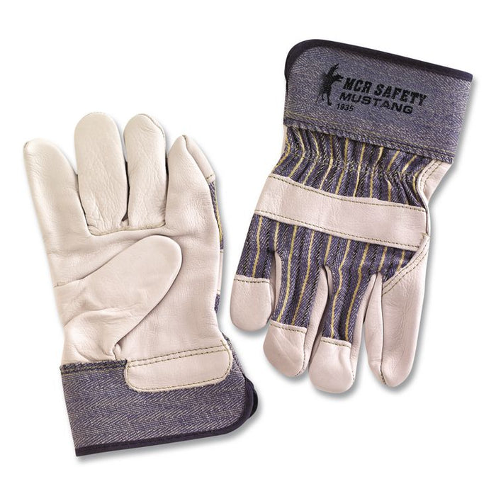 Mustang Leather Palm Gloves, Gunn Cut, Wing Thumb, Large, Blue/Cream, 12 Pairs