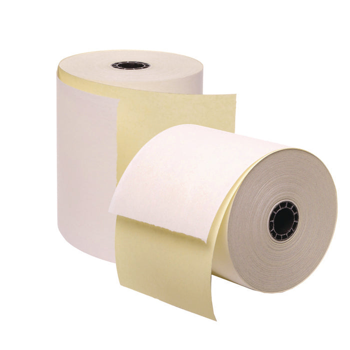 Impact Printing Carbonless Paper Rolls with End of Roll Indicator, 3" x 90 ft, White/Canary, 50/Carton