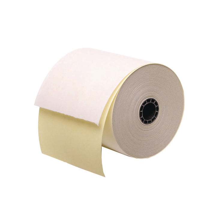 Impact Printing Carbonless Paper Rolls with End of Roll Indicator, 3" x 90 ft, White/Canary, 50/Carton