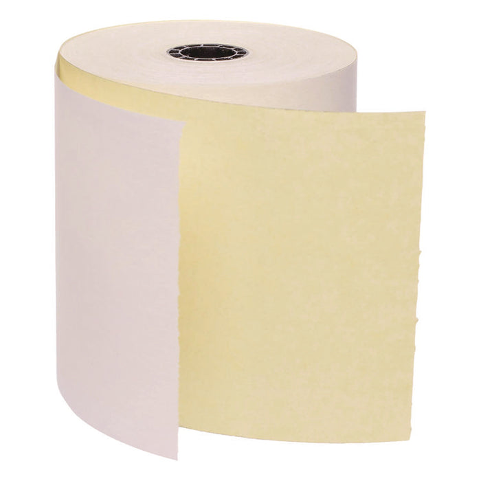 Impact Printing Carbonless Paper Rolls with End of Roll Indicator, 3" x 90 ft, White/Canary, 50/Carton