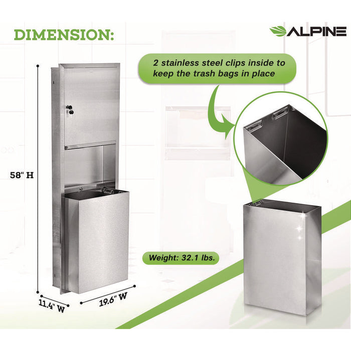 Stainless Steel Recessed Paper Towel Dispenser with Waste Receptacle, 56 x 4 x 17