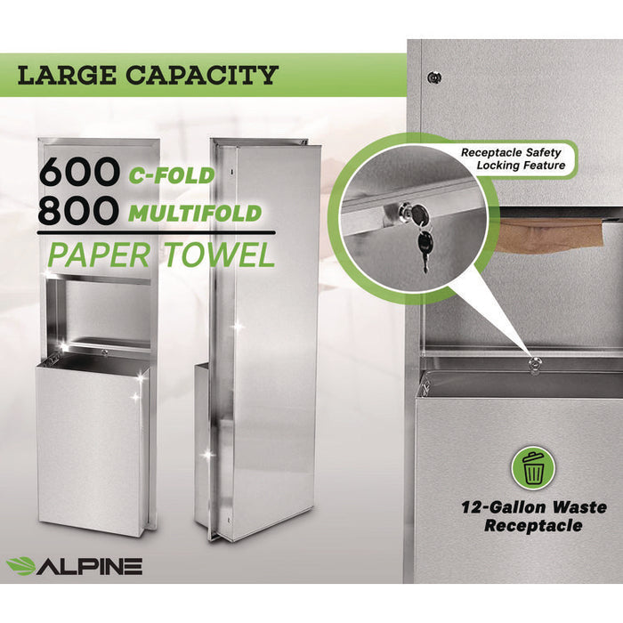 Stainless Steel Recessed Paper Towel Dispenser with Waste Receptacle, 56 x 4 x 17