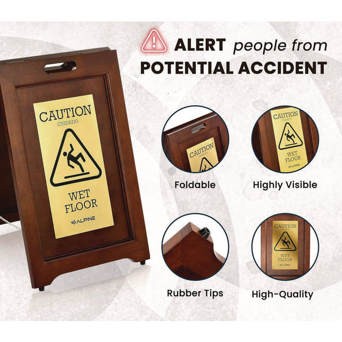 2-Sided Plated Wooden A-Frame Bilingual Wet Floor Sign, 15 x 2 x 24, Brass