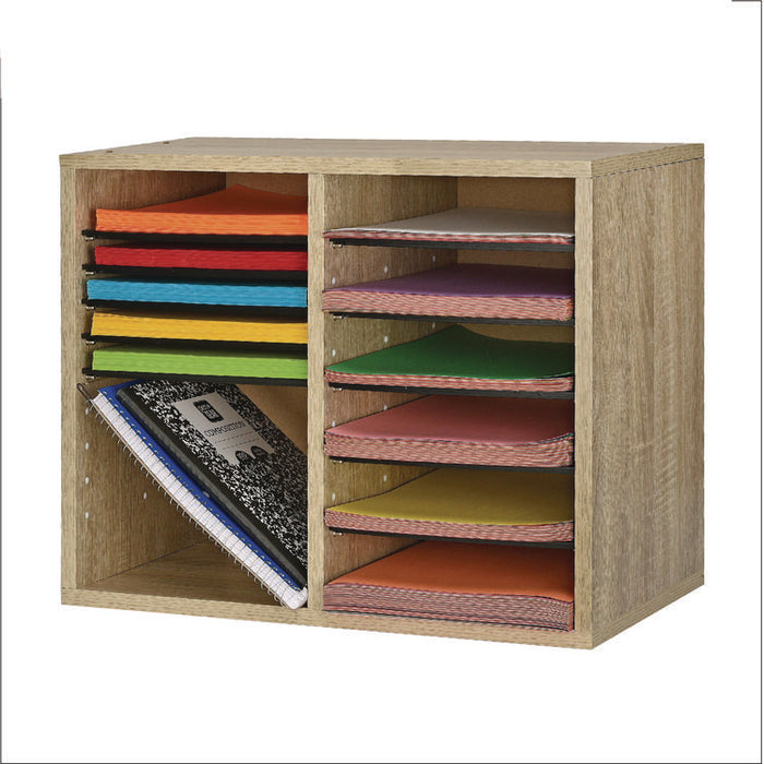 Wood Adjustable 12 Compartment Literature Organizer, 12 Sections, Letter Size, 20 x 11.8 x 16.3, Medium Oak