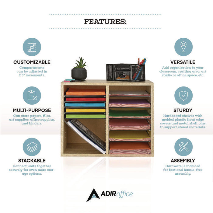 Wood Adjustable 12 Compartment Literature Organizer, 12 Sections, Letter Size, 20 x 11.8 x 16.3, Medium Oak